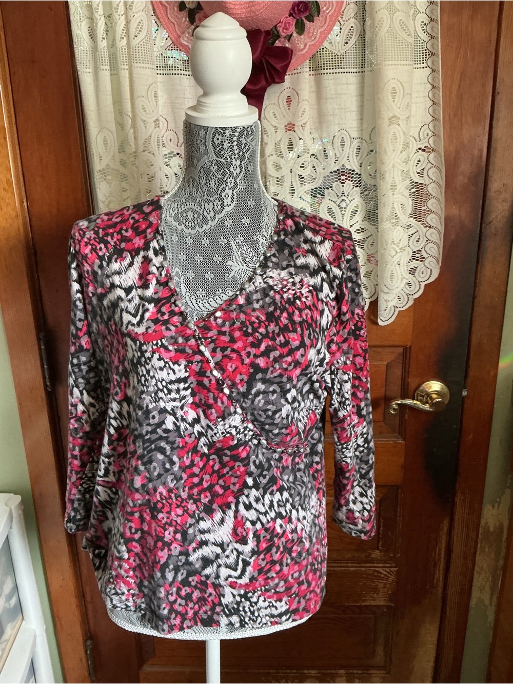 Ruby Rd. Pink, Black & Gray V-Neck Printed Wrap Tunic